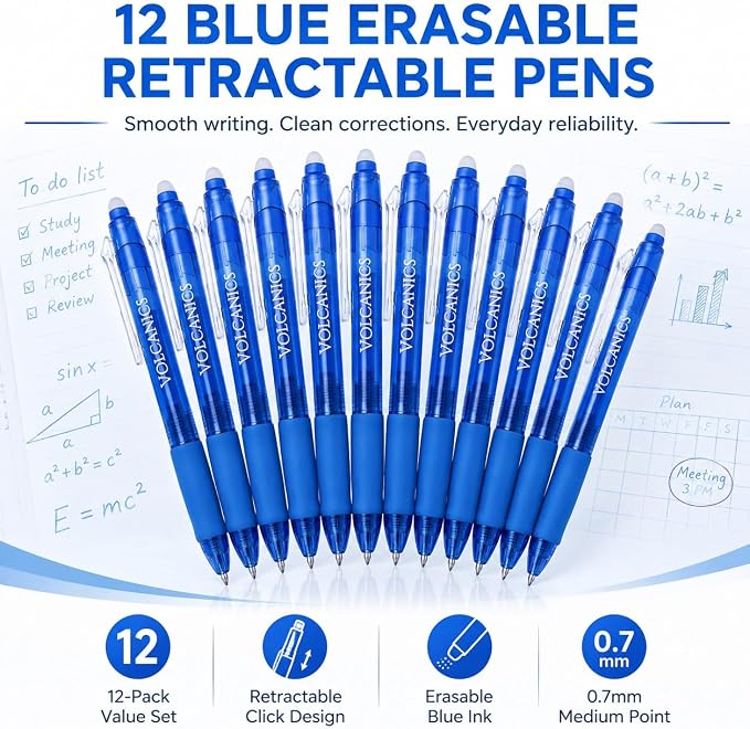 Volcanics Retractable Clicker Erasable Gel Pens, Blue Ink, 0.7mm, 12 Pack