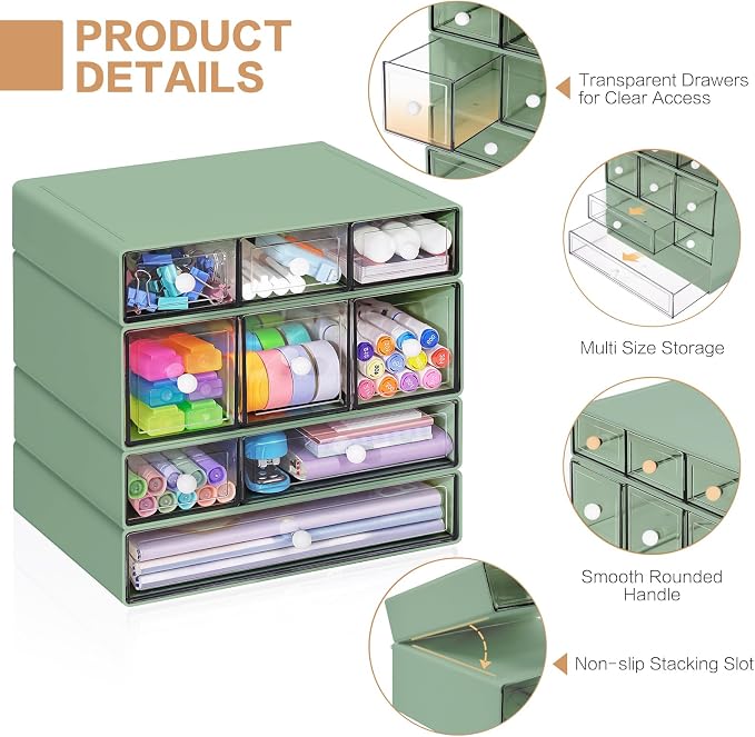 Desk Storage Organizer with 9 Drawers, 4 Tiers Stackable Desktop Craft Storage Drawers, Clear Storage Box Caddy for Stationary Makeup Jewelry Office Craft Supplies (Green)