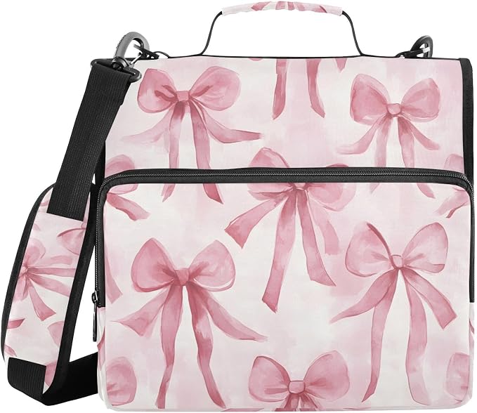 Watercolor Pink Bow Zipper Binder 3 Ring Binder with Shoulder Strap 500 Sheet Capacity Storage Organizer File Folder