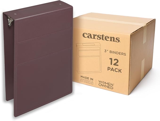 Carstens 3-Inch Heavy Duty 3-Ring Binder - Top Opening, Plum, Durable Plastic, No-Gap Rings, Waterproof Cover, No Pockets, Holds 400 US Letter Sheets, BPA-Free, Made in USA (1716-3R), Case of 12
