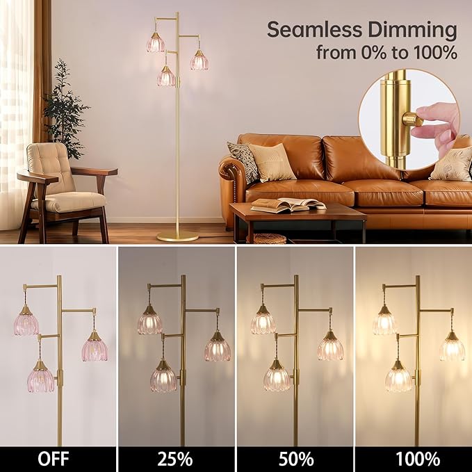 Shenmoyl Stepless Dimming Floor Lamps for Living Room, Bedroom, Gold Standing Lamp with 3pcs 6W Bulbs, Vintage Brass Floor Lamp for Corner, Nursery (Pink Tulip)