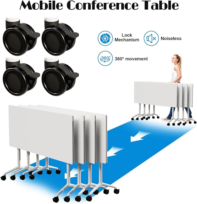 Conference Table Flip Top Mobile Conference Room Tables,Folding Conference Table with Wheels,Large Meeting Training Seminar Table Saving Space for Office Classroom (12, White, 47.2'')