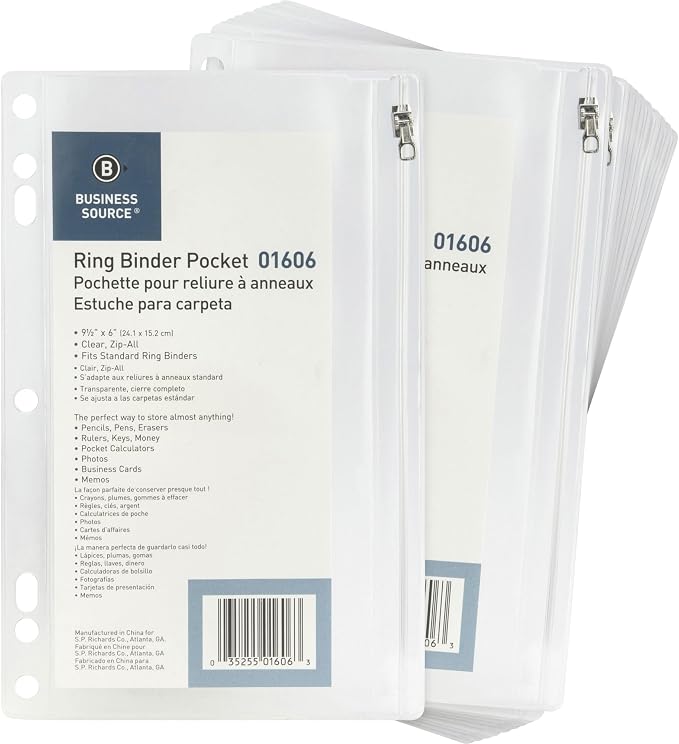 Business Source Ring Binder Pocket with Zipper, 9.5" x 6", Clear with White Back, 24 Count