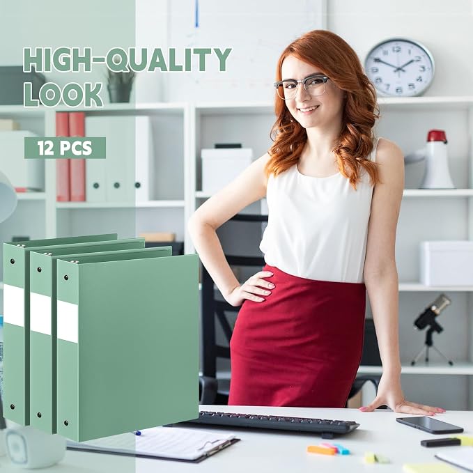 Henoyso 12 Pcs 1.5 Inch 3 Ring Binders, Letter Size,Sage Green | Binders Bulk, Holds 350 Sheets, Round Rings, Durable Flexible PP Plastic Covers, Pockets Labels, School Office Supplies