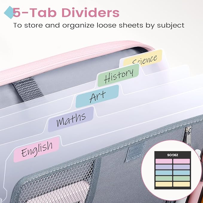 Sooez Zipper Binder Bag, 1 Inch Binders 3 Ring O-Ring, 5-Tab Divider Folder | Expanding File Folder, 500-Sheet Capacity Three Ring Binder, Cute Organizer Storage Student School Classroom Supplies, Black