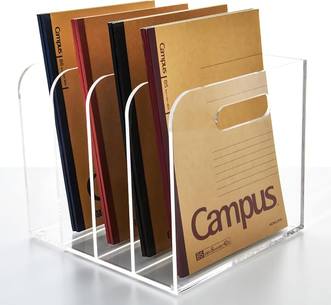 4 Vertical Compartments File Holder, Clear Acrylic Desk Organizer and Storage Bins Holding for Magazines, Binders, Notebooks, Envelopes, Multi-purpose Document Organizer for Home Office