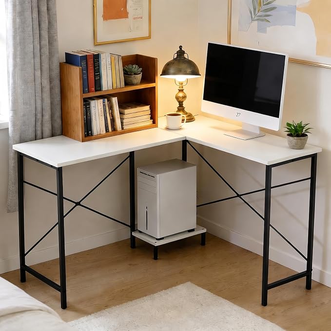L Shaped Desk Computer Desk, 50inch White Gaming Desk with CPU Stand | Reversible Corner Desk, Sturdy Metal Frame, Student Study Writing Table for Home Office