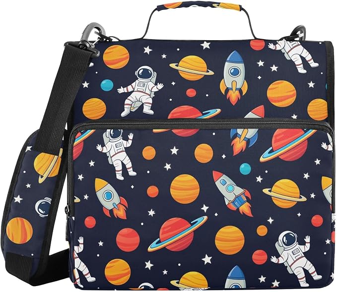 Aslsiy Zipper Binder Bag for Girls Boys Astronauts Rockets Planets Stars (4) Kids 2 inch 3-Ring Binder Organizer with Shoulder Strap for School Office Supplies