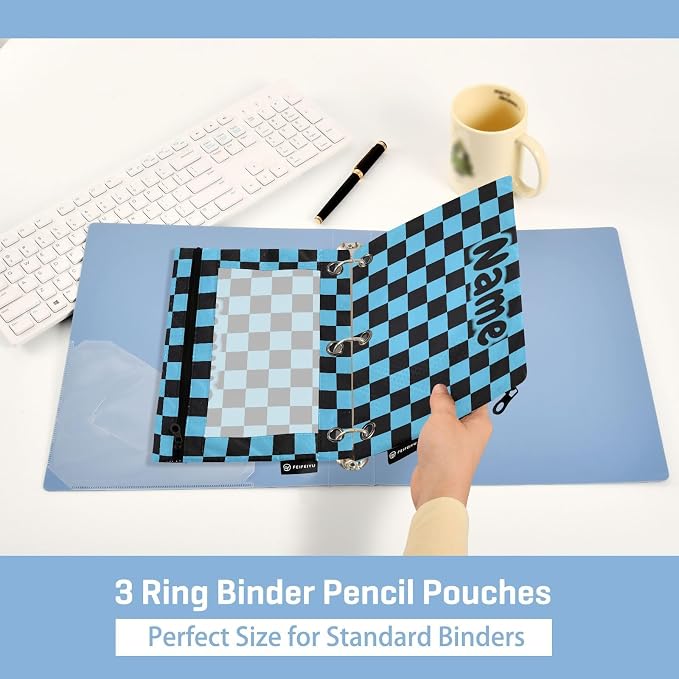 Custom Black Blue Checkered Pattern Pencil Pouch for 3 Ring Binder, 2 Pack Personalized Name Waterproof Pencil Bags Clear Window Pencil Case School Office Supplies
