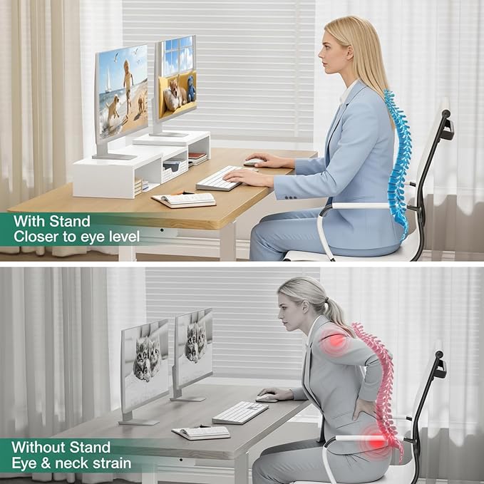Dual Computer Monitor Stand Riser, Desk Organizer with Drawer, Office Desk Accessories & Workspace Organizers for Home Office Supplies, White
