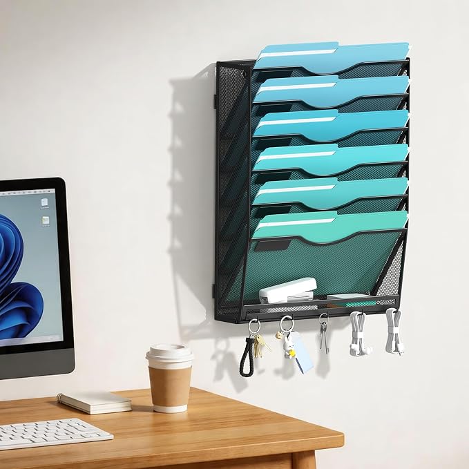 Gawerk 7-Tier Wall File Organizer Hanging Wall File Holder Wall Mount Paper Folder Organize, Mesh Magazine Document Mail Organizer for Office School Home, Black
