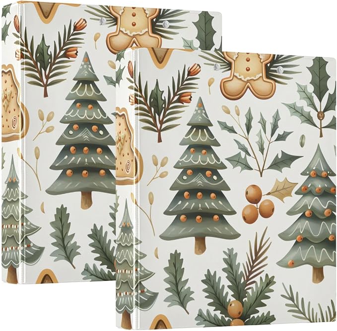 Gingerbread Plant Green Christmas Tree Cookie 3 Ring Binder with 2 Interior Pockets 1.5 inch Binders 3 Ring Heavy Duty Fit 8.5" x 11" Letter Size for Office School, 2 Pack