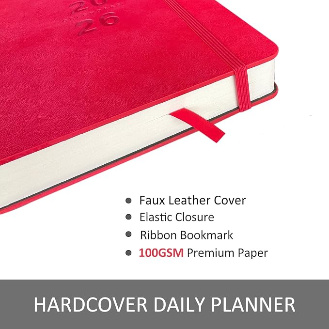 Benkaim Academic Daily Planner 2026-2027 One Page A Day (8.5"x5.8"), Calendar Book with Hourly Schedule, Appointment Book July 2026 to June 2027 Hard Cover (Red)