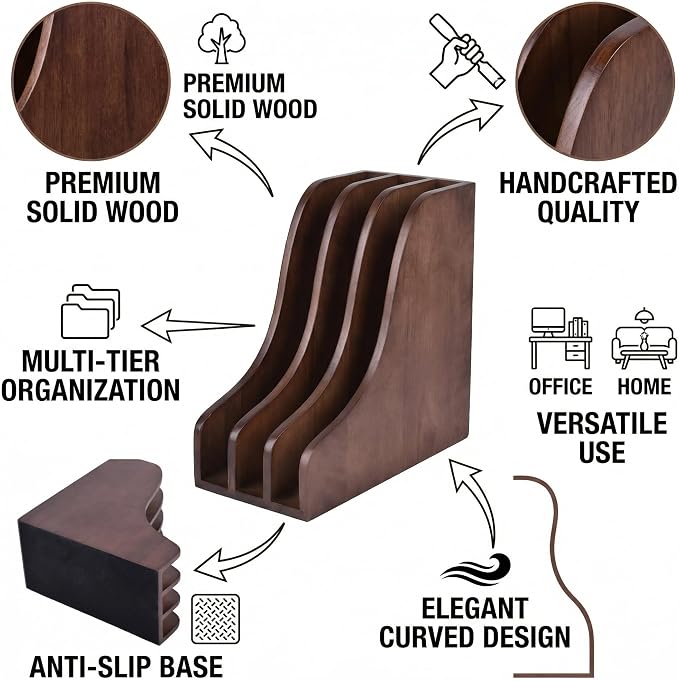 Solid Wood Vertical File Organizer, No Assembly Desk Mail Document Holder | Multifunctional Paper Mail Organizer for Office & Home, Custom Wooden Magazine File Holder for Books Binders Laptops, Desktop