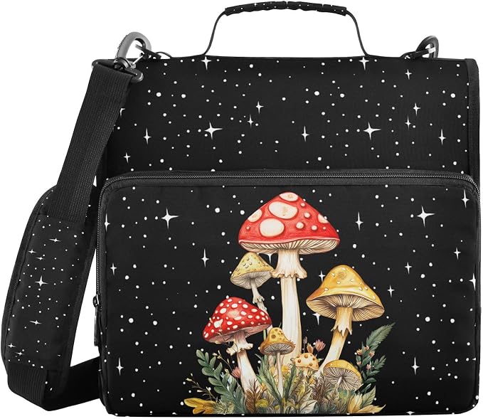 Mushroom Binder Bag 3 Ring Zipper with Handle Shoulder Strap | for School Work Office Organizer Storage Case