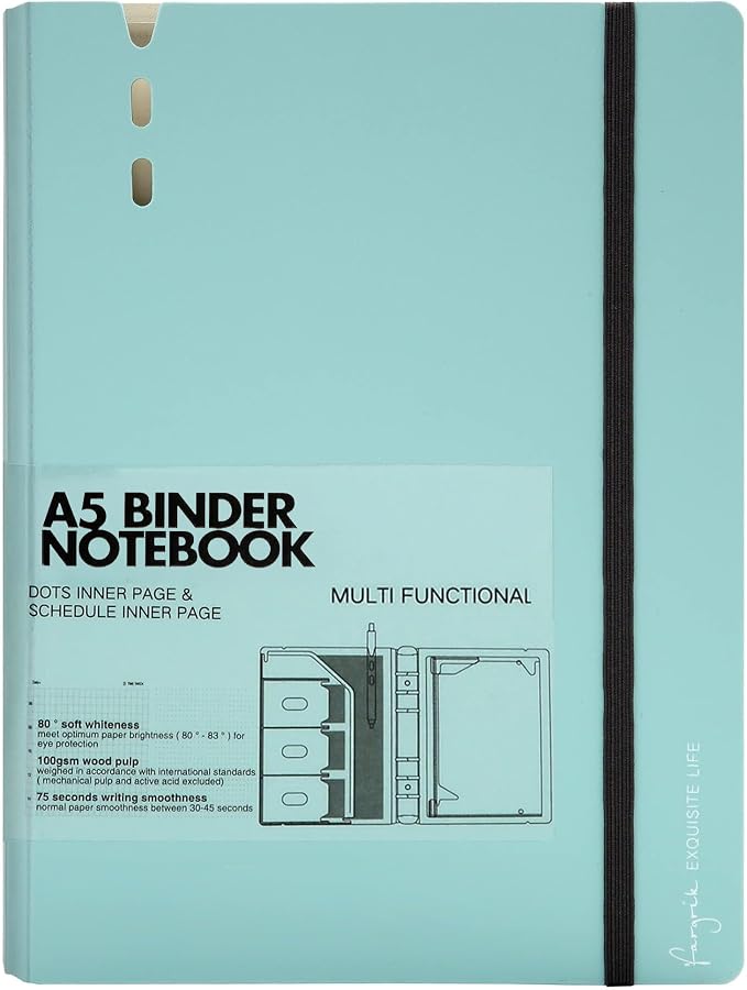 CAGIE A5 Binder 6 Ring Refillable Notebook with Dividers & Pockets | Daily Planning Square Ruled and Dotted Pages, Refill Paper Included, 6.89 x 9.25 In (Blue, A5 Daily & Dot Page)