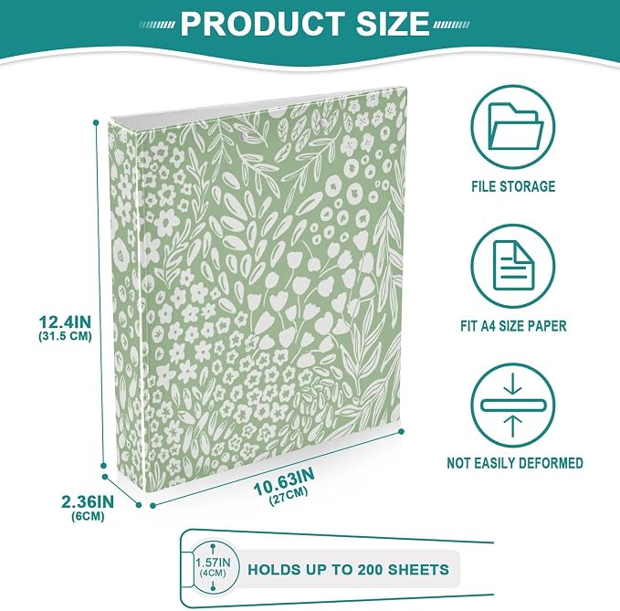 Sage Green Floral and Leafs Binder 3 Ring 1.5 Inch Binder with Clipboard&Pockets, Hardcover Binders Heavy Duty Large File Folder for Office School Supplies - Holds 200 Sheets,2 PC
