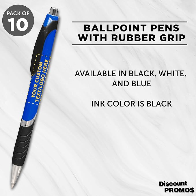 DISCOUNT PROMOS Ballpoint Pens With Rubber Grip - 10 pack - Customizable Text, Logo - Black Ink Ball Point Pen with Soft Touch Plastic - Blue