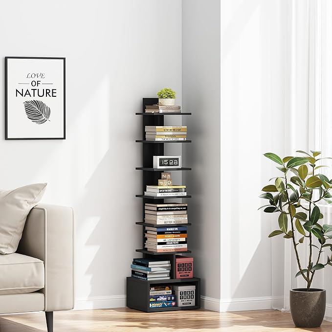 TUTOTAK Book Shelf, Narrow Spine Bookshelf, 8-Tier Bookcase for Small Space | 10.4 x 11.8 x 47.5 Inches Vertical Freestanding Corner Shelf for Living Room, Office, Study, Entryway, Black BS07BK008
