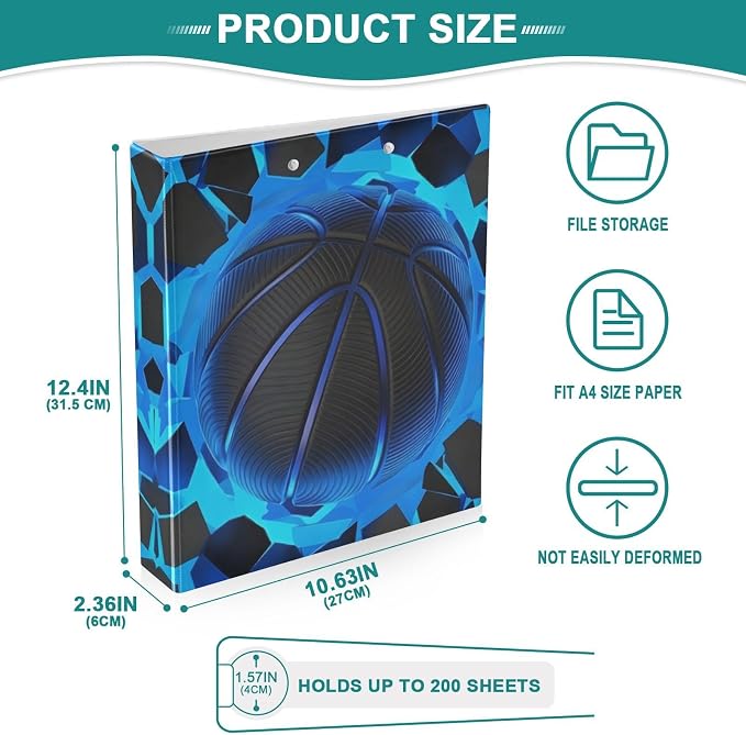 3 Ring Binder Basketball Blue Lighting 1.5" Round Ring Binders View Binder with 200 Sheet for Kids School Supplies Women Men Office, 1 Pack