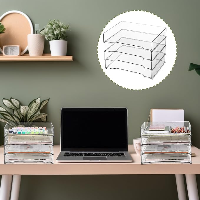 DoubleFill 4 Pcs Stackable Letter Tray Rectangular Plastic Desk Organizer 13 x 9.5 x 2.6 in Paper Holder File Tray Accessories Rack for Desktop Office Desk Drawers (Clear)