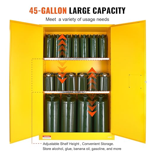 VEVOR Flammable Cabinet, 45 Gal, 18" x 43" x 65", Yellow | Cold-Rolled Steel, Explosion Proof, 2 Adjustable Shelves, 2 Manual Doors, Industrial Use