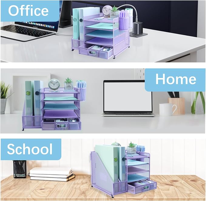 Desk Organiser with 2 Pack Magazine File Holder, 5-Tier Paper Tray Organiser with Drawer and 2 Pen Holder, Letter Tray Multifunctional for Office, School, Home - Purple