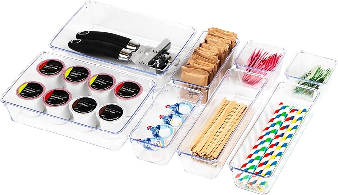 Mind Reader 8-Piece Drawer Organizer Set, Storage Trays for Kitchen, Bathroom, Office, Makeup, Jewelry & More, Junk Drawer Tray, Utensil Holder, Plastic, Clear