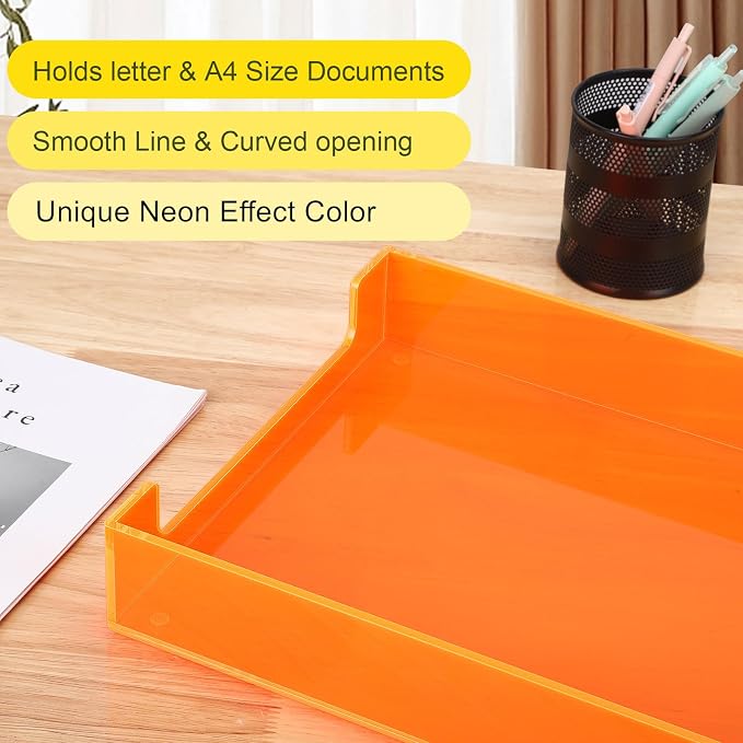 Paper Tray Acrylic File Organizer for Desk Letter Tray Desk Organizer Document Holder Sorter Storage for A4 Office Supplies Magazines, 13.8x10.6x2.4 Inches, Neon Orange