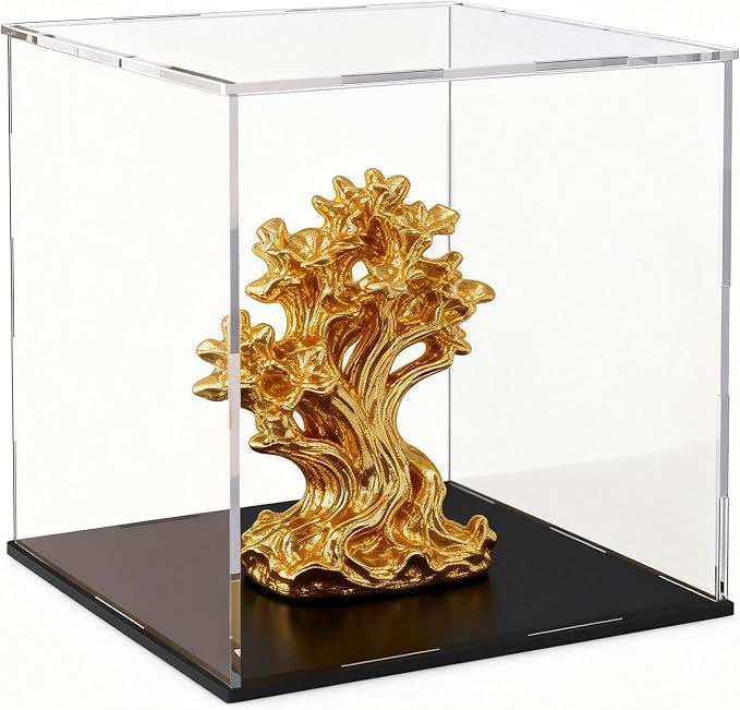 Acrylic Display Case 6x6x6 Inch, Clear Collectible Display Box with Matte Black Base, Dustproof Showcase for Figures, Models, Sports Memorabilia – Easy Self Assembly
