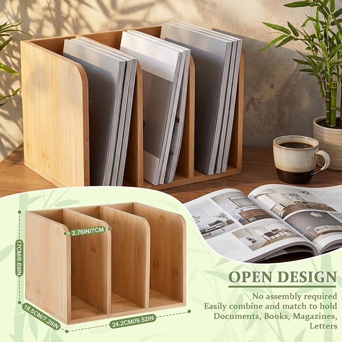 Novabright Bamboo Wooden 3-compartment File Magazine Holder | Vertical Compartments Keep Magazines, Binders, Notebooks, Folders, and Envelopes Separated, Organized, and Easy to Access