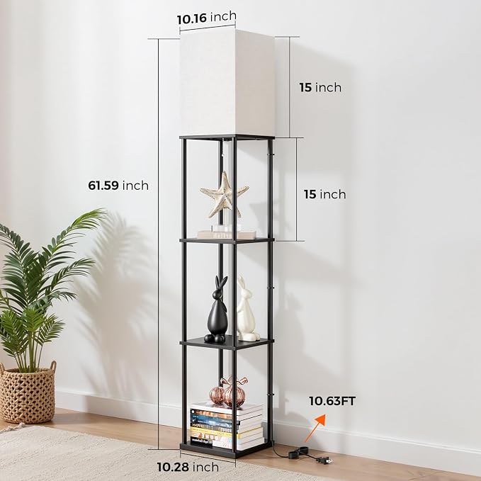 2-Pack Floor Lamp with Shelves, 3-Tier Square Bookshelf Standing Lamp | 3 Color Temperature Bulb Included, Pull Chain Square Tall Lamp for Living Room Bedroom Corner Office Apartment Decor
