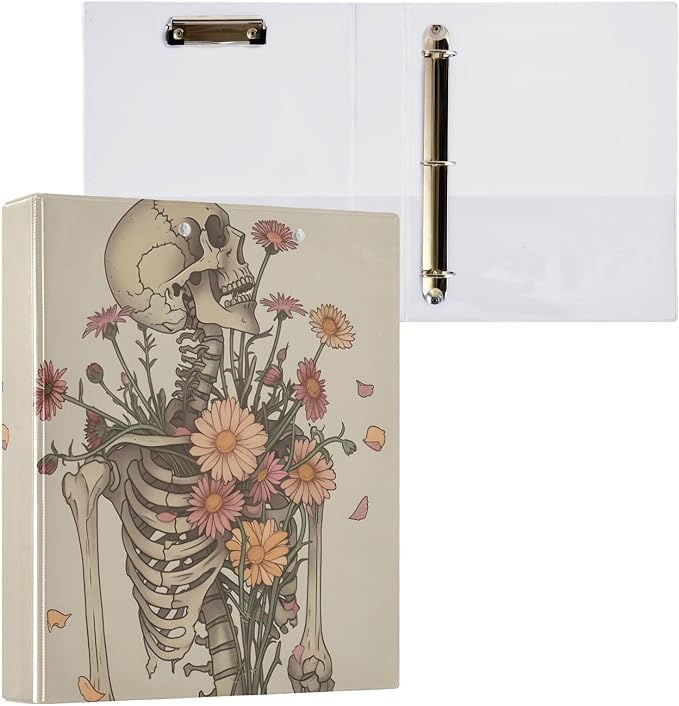 3 Ring Binder, Skeleton Skull Flowers File Folder Holds 200 Sheets File Storage for Women Men School Office Supplie