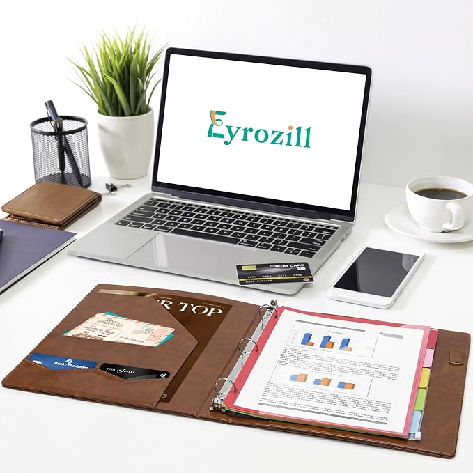 Eyrozill Professional Leather Portfolio with Clipboard, Zipper Pouch, 5 Sheets Plastic Dividers，Leather 3 Ring Binder 8.5 x 11, 1-inch Round Rings, Brown