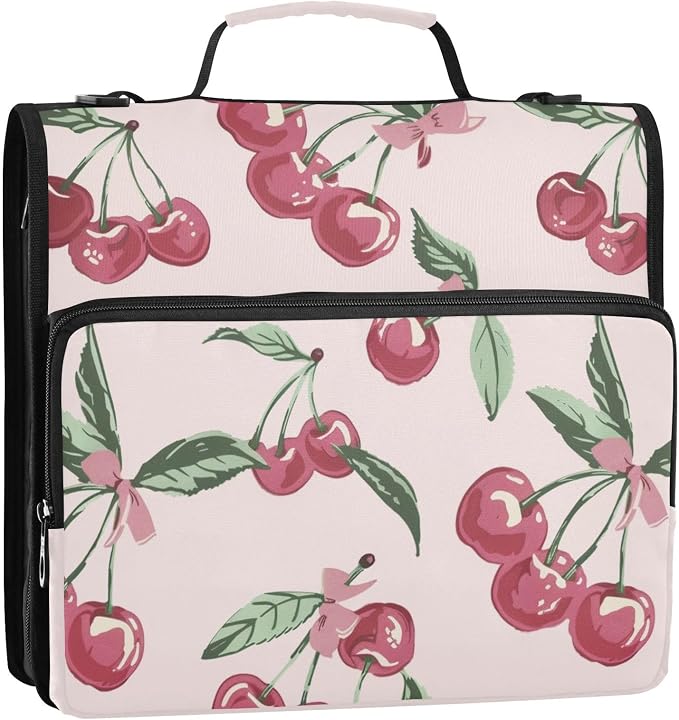 Cherry Leaves Pink Bows Zipper Binder with Shoulder Strap Bag 3 Ring Binder Organizer Large Capacity Multiple Compartments for School Office