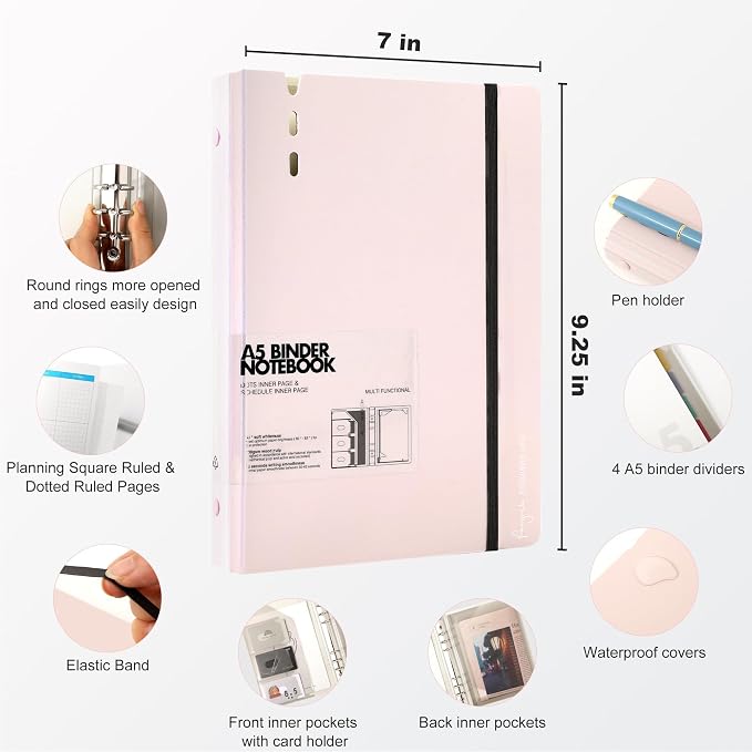CAGIE A5 Binder 6 Ring Refillable Notebook with Dividers & Pockets | Daily Planning Square Ruled and Dotted Pages, Refill Paper Included, 6.89 x 9.25 In (Pink, A5 Daily & Dot Page)