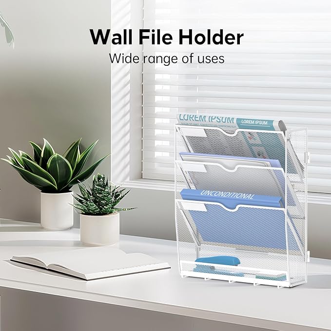 4-Tier Wall File Organizer and Mail Organizer with 5 Hooks, White | Label slots, curved openings, 5 key hooks, and a bottom tray support organized mail, file, and everyday item storage.