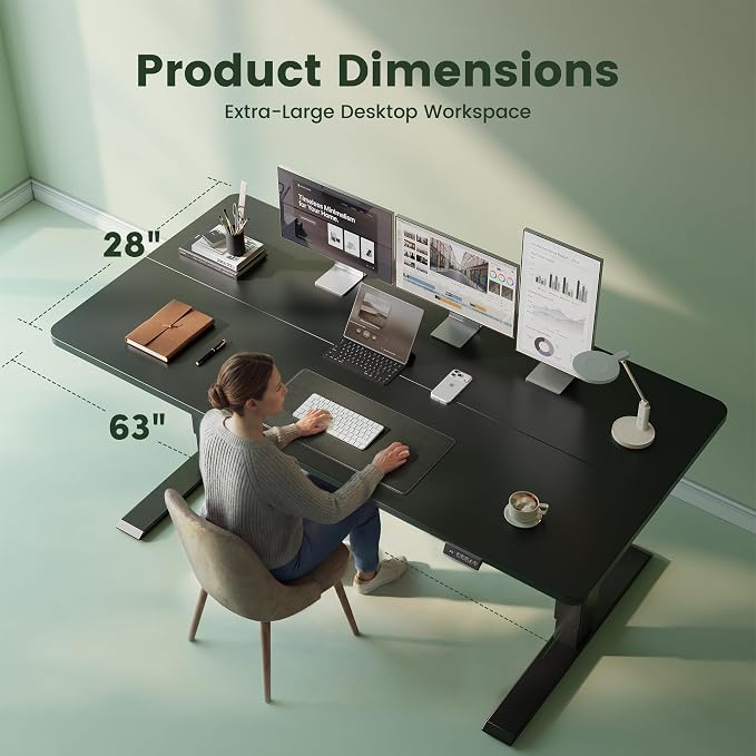 CubiCubi 63 x 28 Large Electric Standing Desk, Height Adjustable, Black | 28" Deep Desktop, Sit Stand up Home Office Desk, Computer Workstations, Advanced Motor, High-Strength Frame, 176 lbs Capacity