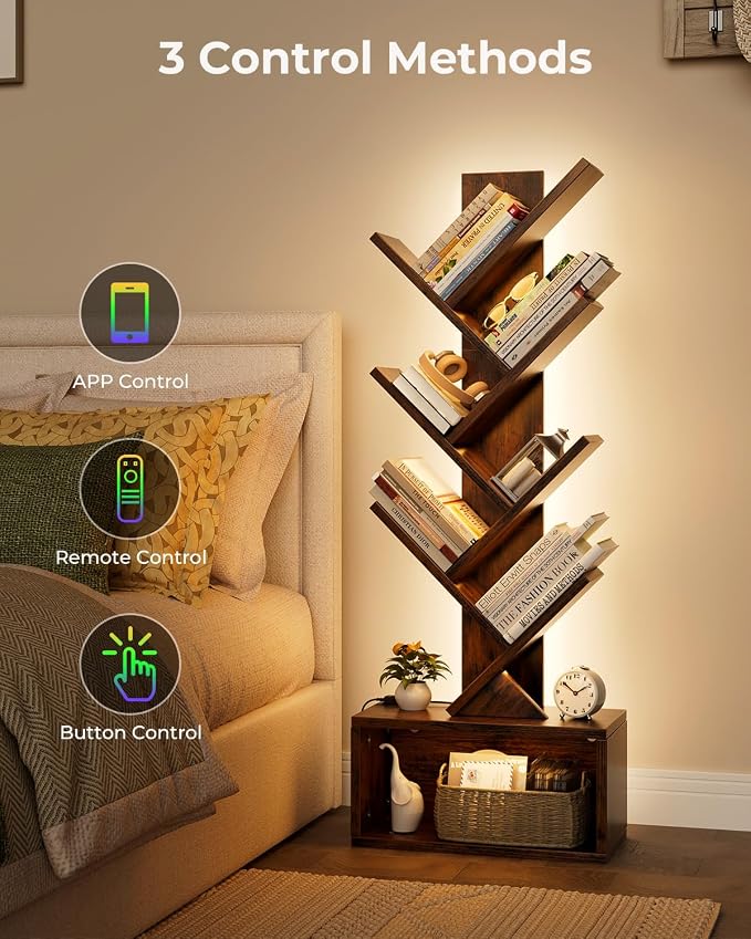 Evermagin 6 Tier Tree Bookshelf with Lights, LED Book Tree Bookcase | Rustic Brown with Storage Organizer, Small Corner Bookshelf Floor Standing Book Shelf for Living Room, Bedroom & Home Office