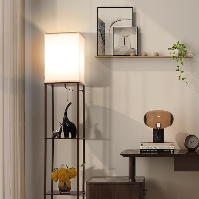Gupuzm Floor Lamp with Shelves, Modern Square Standing Lamp with 3 Color Temperature Bulb, Corner Display Bookshelf Lamp for Living Room, Bedroom and Office (Brown-9)