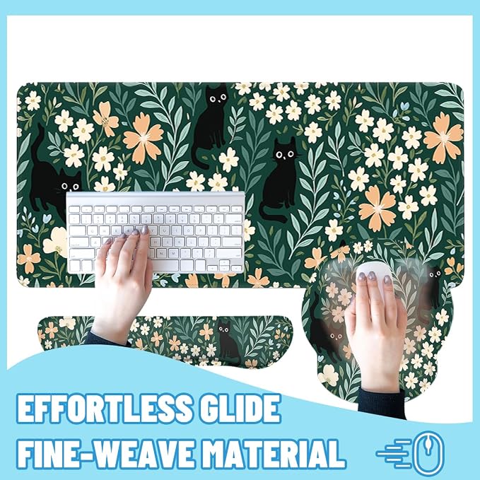 Cat Mouse Pad Set Cute Black Cats Floral Garden Gaming Mousepad 4in1 Desk Mat for Desktop Anti-Slip XXL Big Computer Ergonomic Mousepad with Wrist Support for Keyboard and Mouse