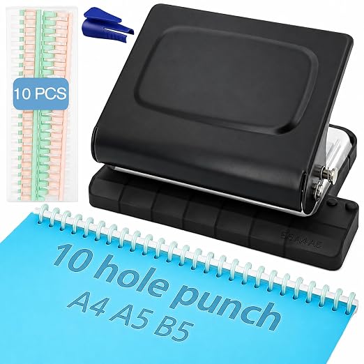 10 Hole Punch Binding Machine Kit for Planner (Black) with 10 Multi-Color Spiral Coils, Adjustable A4 A5 B5 Paper Puncher, DIY Notebook Scrapbook Maker for Home Office School Organization