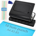 10 Hole Punch Binding Machine Kit for Planner (Black) with 10 Multi-Color Spiral Coils, Adjustable A4 A5 B5 Paper Puncher, DIY Notebook Scrapbook Maker for Home Office School Organization