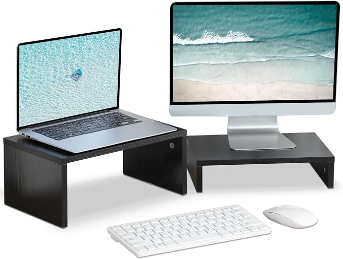 TEAMIX 2-Pack Monitor & Laptop Stand Riser,Wood High-Low Dual Monitor Setup | Black, Stacked/Separate Use, Adjustable Computer Stand for 2 Monitors, Holds 80Lbs, Desk Organizer for Home Office, Gaming