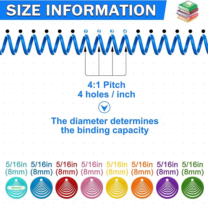 120 Pack Plastic Spiral Binding Coils Binder Binding Spirals Rings Multi Size Spiral Binding Wire Combs Spines Coils, 4:1 Pitch (5/16 Inch,Multicolor)