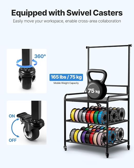 VEVOR 3D Printer Filament Storage Rack with Power Strip, 3-Tier Stand with Filament Storage, Spools Holder Racks Cart with Wheels, Filaments Organzied for 3D Printing Station, Workshop (Shelf Only) | Spool Holder Racks Cart with Wheels for 3D Printing ...