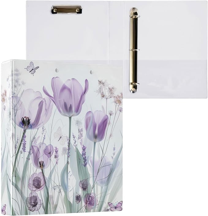 3 Ring Binder, Purple Tulips Flowers Pastel File Folder Holds 200 Sheets File Storage for Women Men School Office Supplie