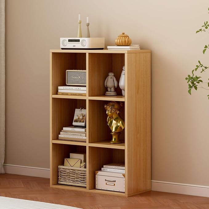 6-Cube Storage Shelf Bookcase, Oak | Wooden 3-Tier Open Bookshelf, Fits 11×11" Bins, Vertical or Horizontal Use, Full Back Panels, For Home Office