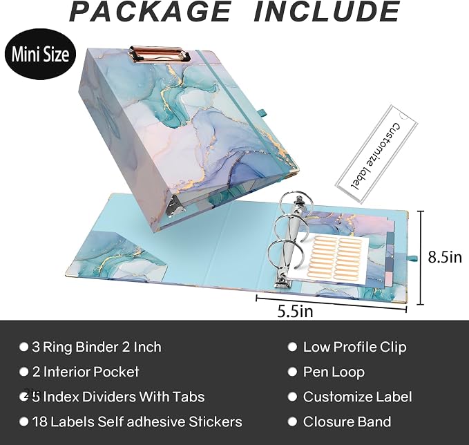 EYROZILL Mini Binder with Clipboard, 3 Ring 2 Inch,for 5.5" x 8.5" Paper.A5 Binders with 5-Tab Dividers for School Office Supplies and Home, Green Marble