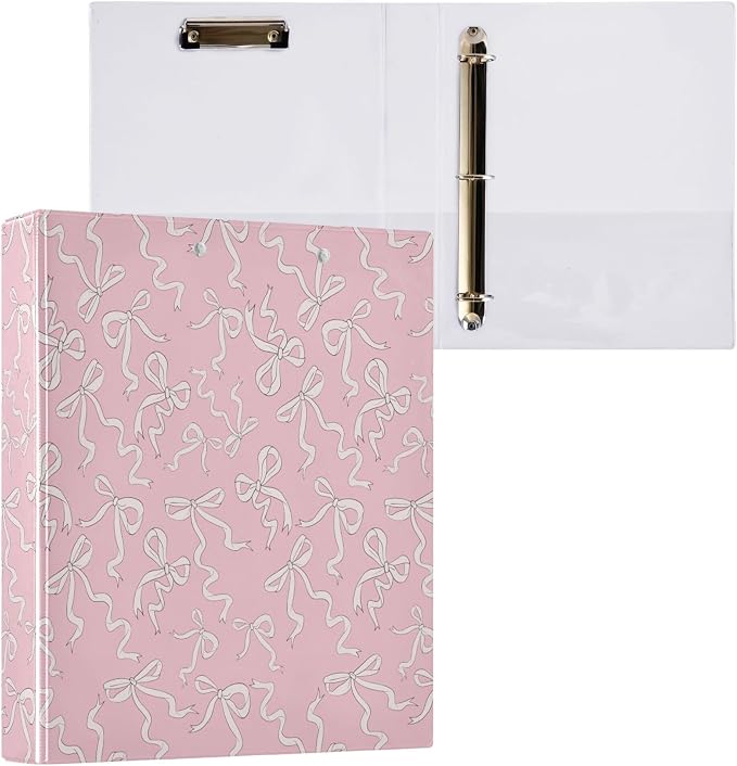 Pink Bow Ribbon Stripe Round Ring Binders 1.5 Inch Cute Bow Knot Tie 3 Ring Clipboard Binder for Office School Work Supplies File Folder Document 200 Sheet Capacity Easy Open